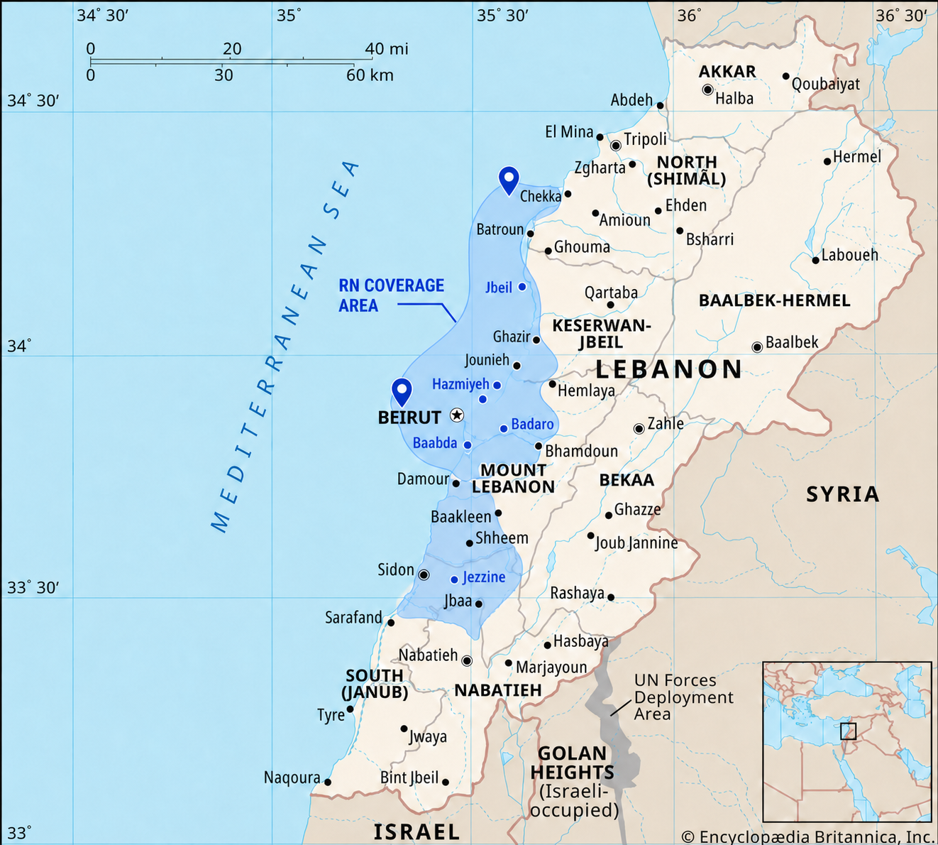 Enlarged map of RN Fiber coverage including Chekka, Jbeil, Beirut, Baabda, Hazmiyeh, Badaro, Mount Lebanon, and Jezzine